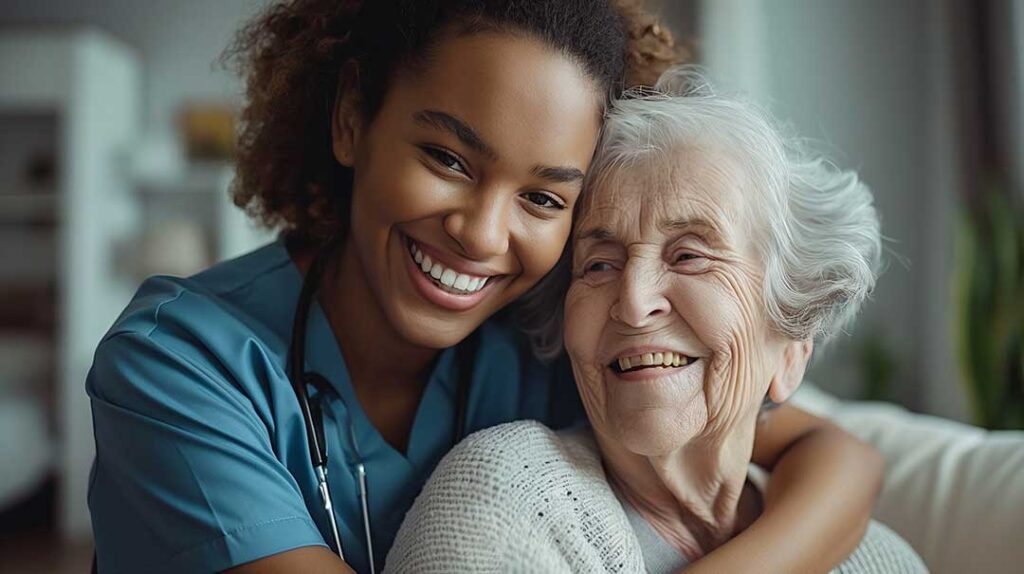 Older adult sitting with a small dog in a bright assisted living apartment beside a written pet care plan.